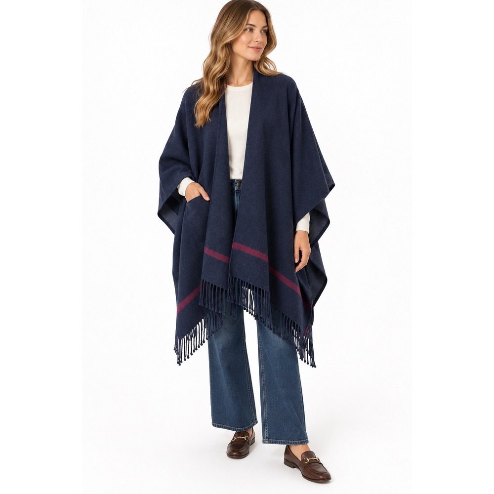 MERSEA Classic Travel Wrap Navy Blue Red Stripe Fringe Poncho Shawl OS